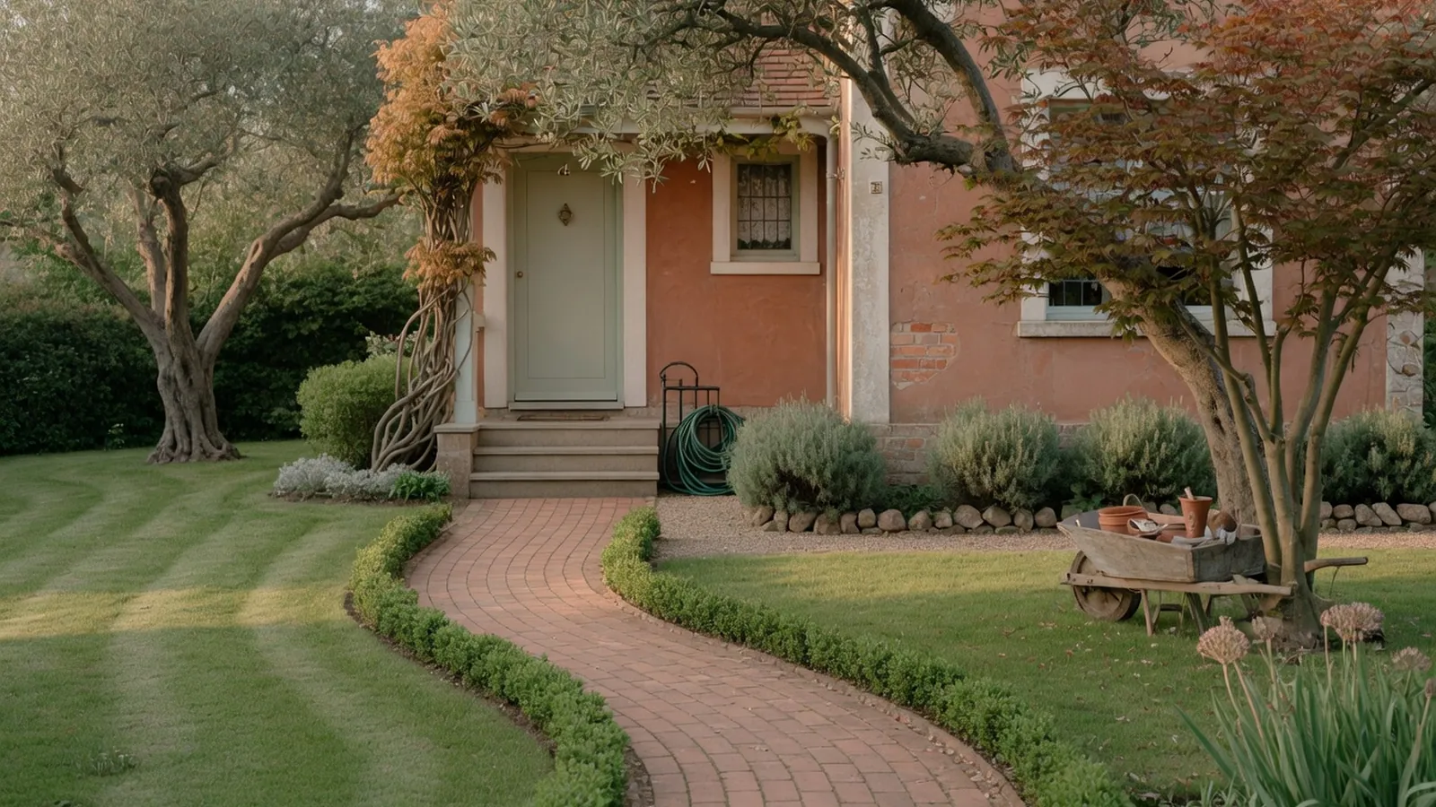 A welcoming front yard landscape featuring a curved walkway, manicured lawn, and mature trees framing a house entrance.