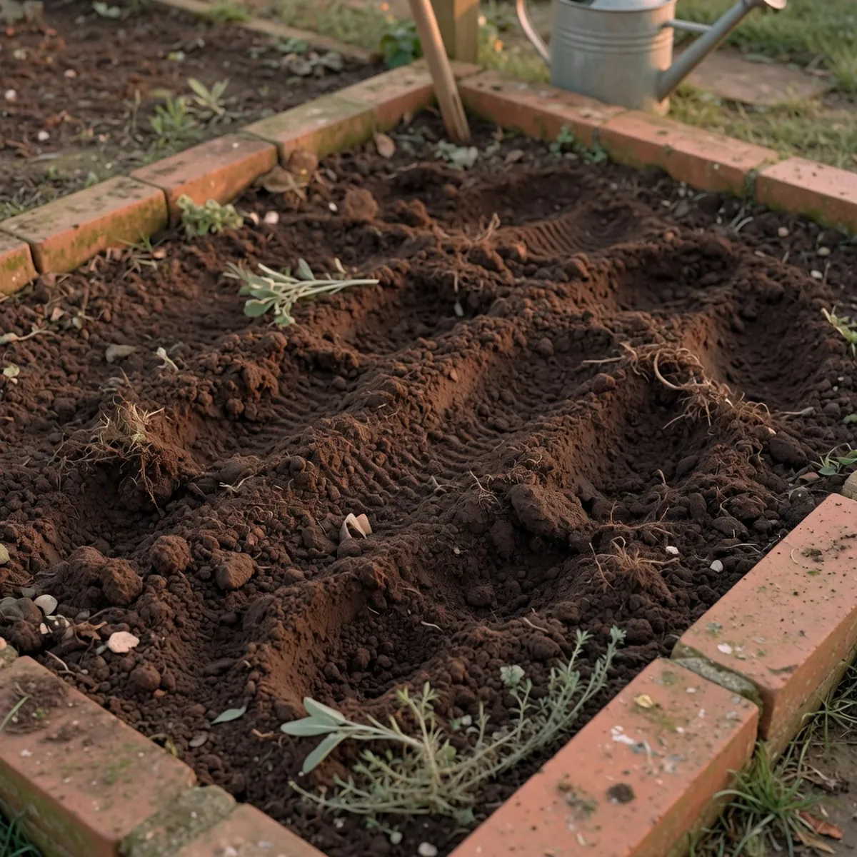 Dark, freshly tilled garden soil ready for planting.