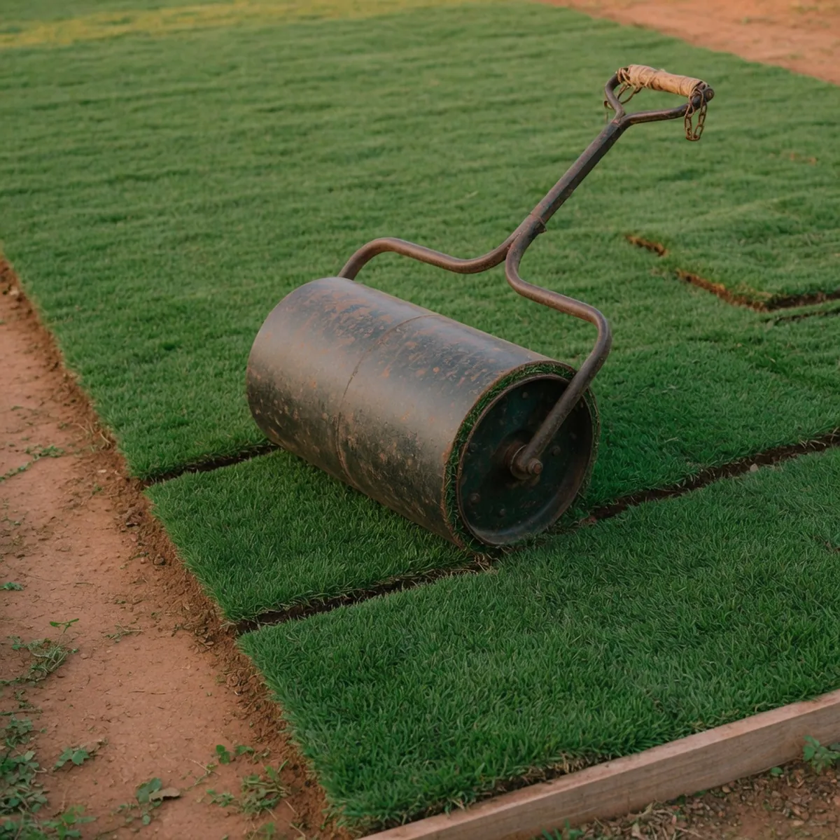A heavy metal lawn roller resting on a newly laid strip of vibrant green sod.
