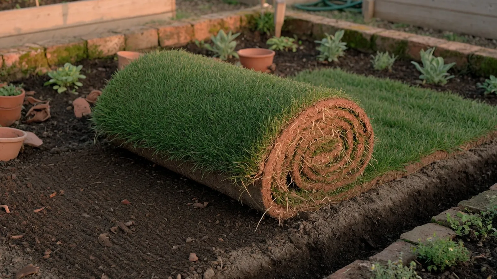 A neatly rolled slab of fresh sod grass resting on a prepared garden bed.