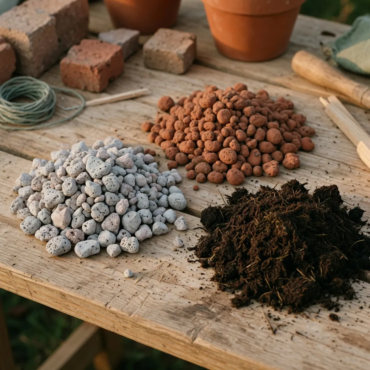 Separate mounds of pumice, akadama clay, and peat moss arranged on a wooden workbench.