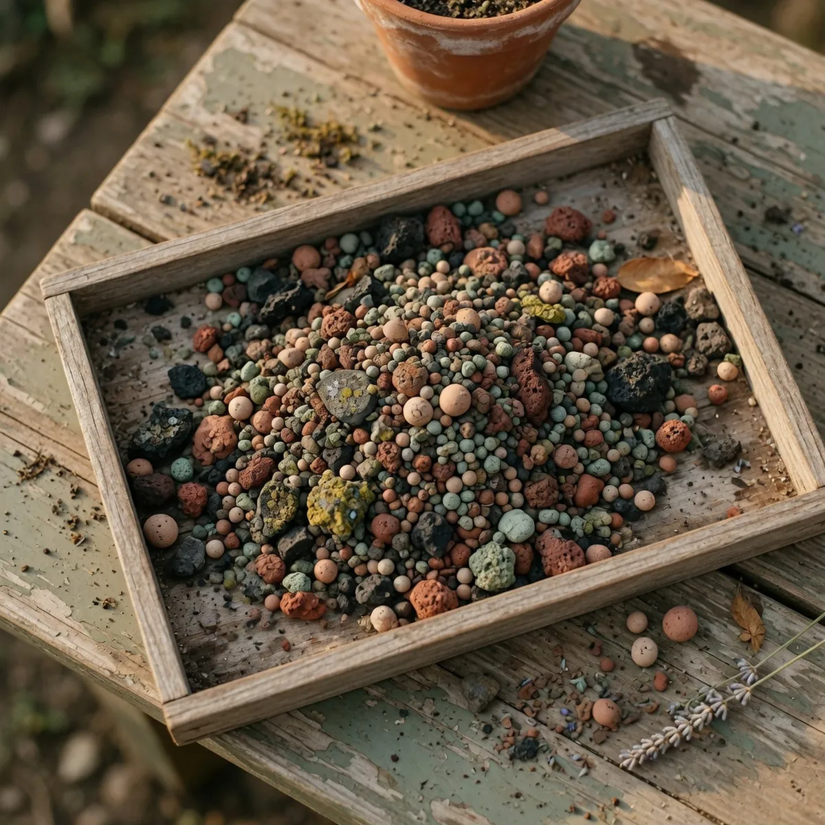 A shallow wooden tray holding a blend of volcanic rock and clay granules.