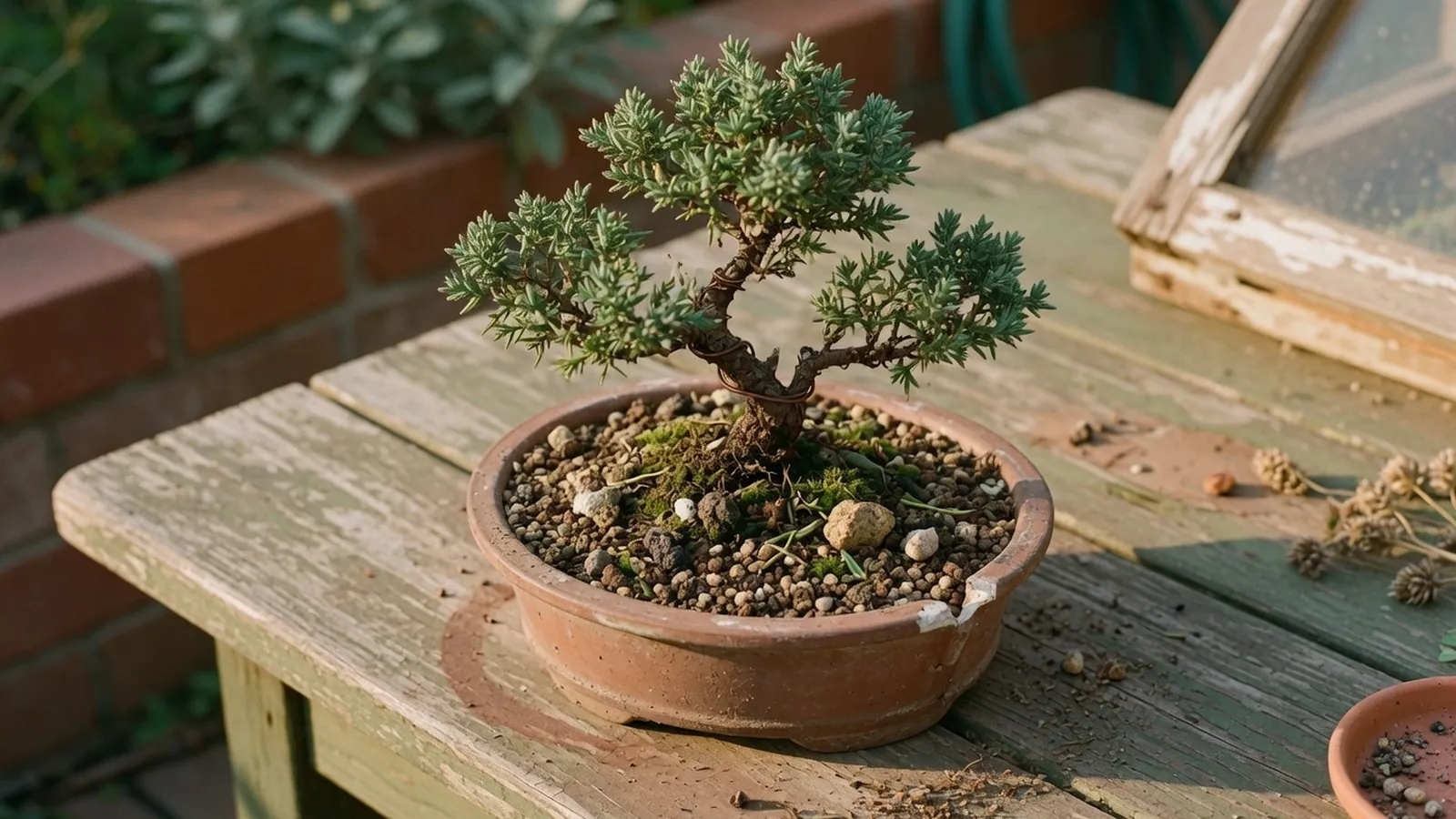 A miniature bonsai tree planted in a shallow ceramic pot with a granular soil surface.