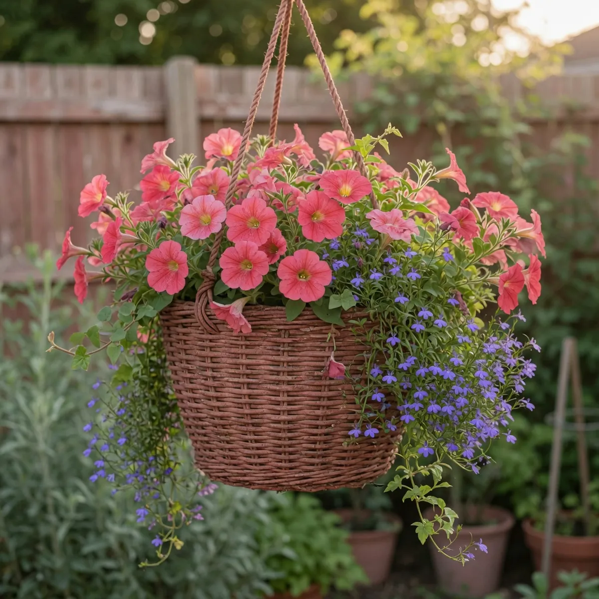 A woven hanging basket overflowing with vibrant pink petunias and trailing lobelia.