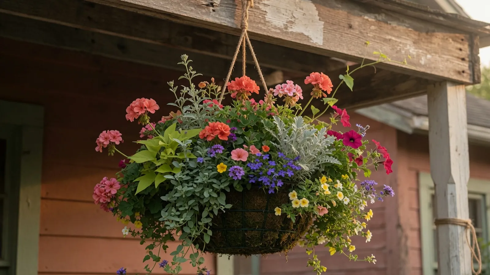 A lush hanging flower basket suspended against a bright sky.
