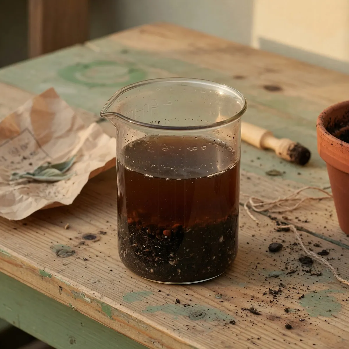 A glass beaker containing dark brown liquid and soil sediment on a wooden surface.