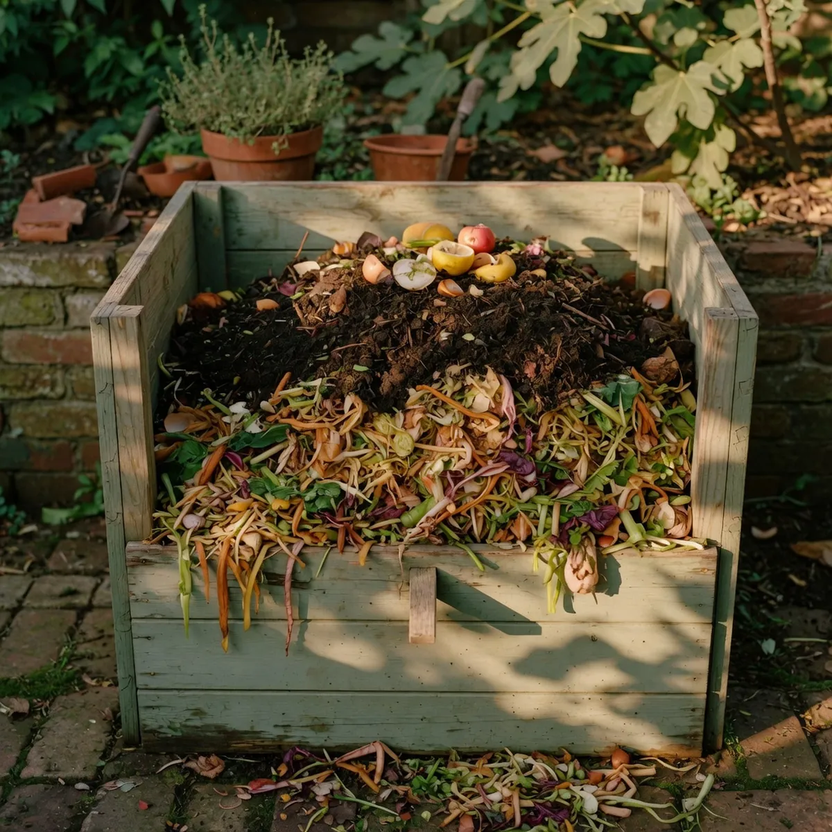 A wooden compost bin filled with shredded vegetable scraps and dark earthy material.