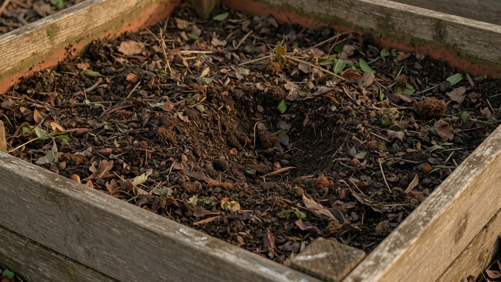 Rich, dark soil mixed with decaying organic matter ready for composting.