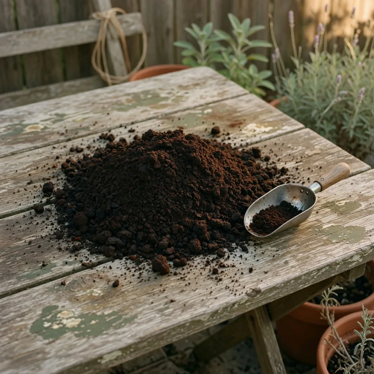 A mound of dark roasted coffee grounds sits on a weathered wooden garden table next to a small metal scoop.