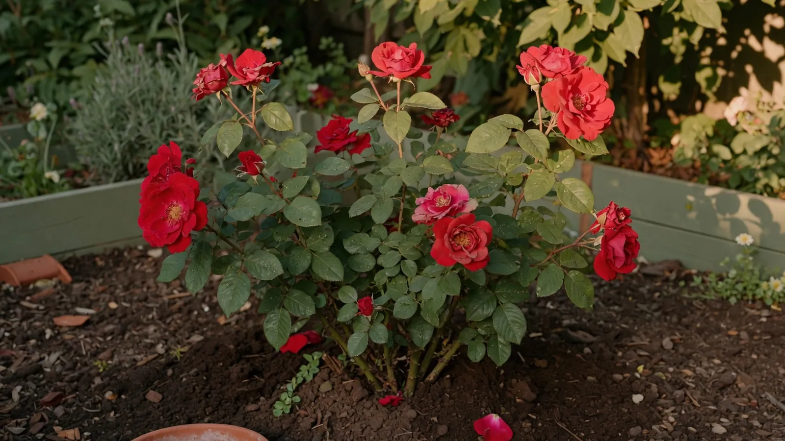 A healthy rose bush with vibrant red blooms grows in rich garden soil.