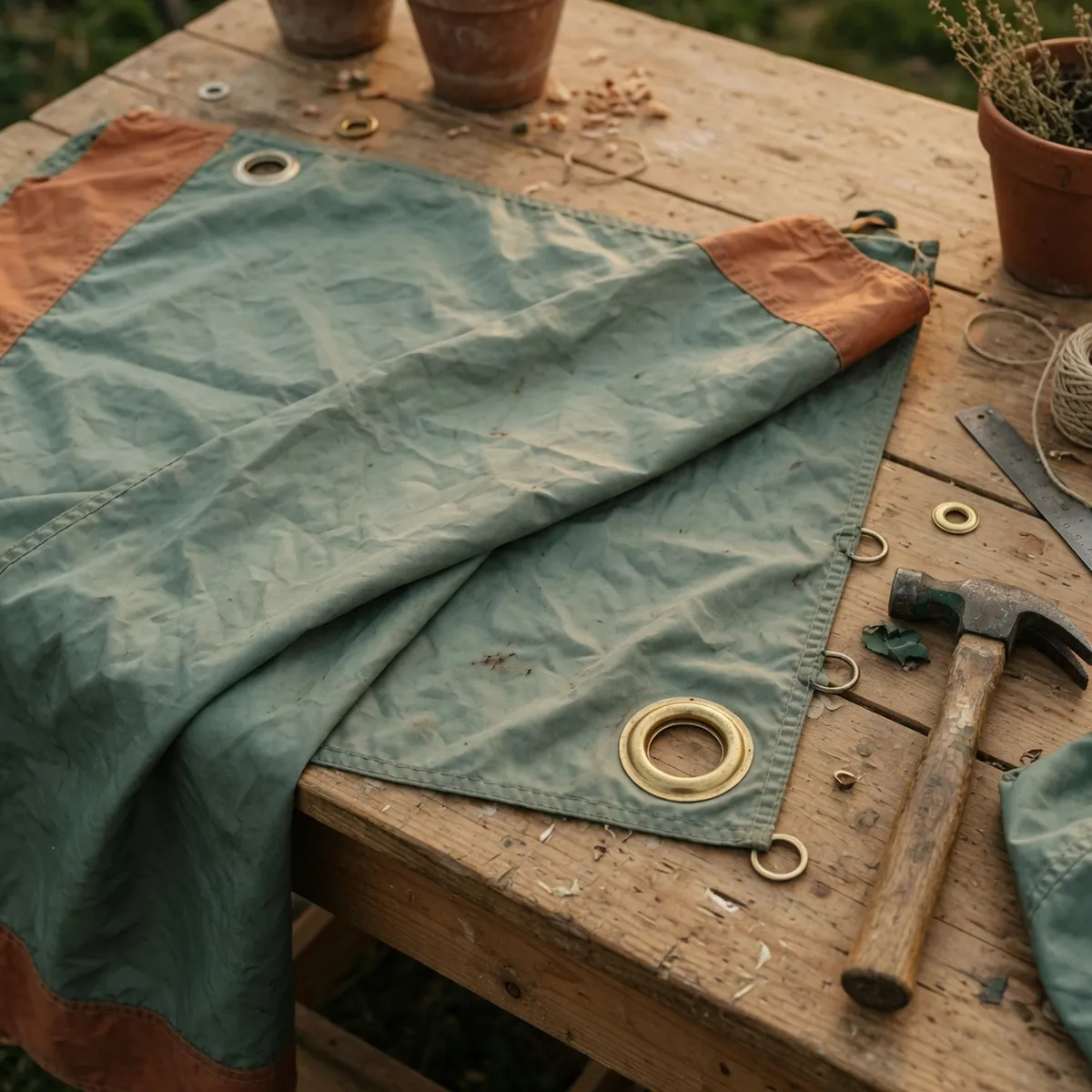 A large piece of nylon parachute fabric spread flat on a workbench with a metal grommet and hammer nearby.