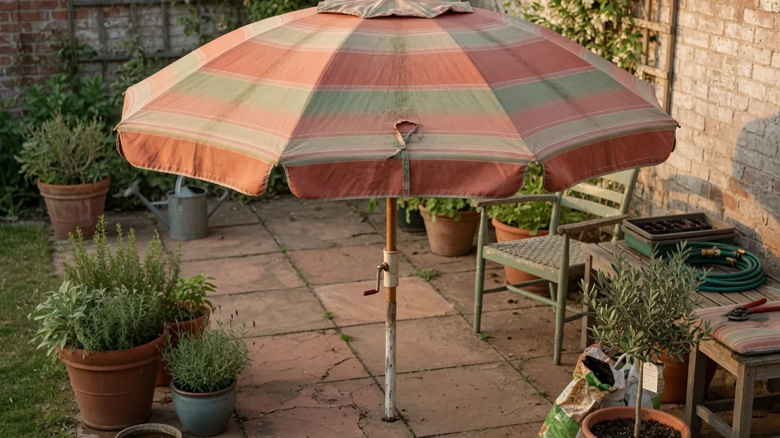 A completed DIY patio umbrella with a fabric canopy standing open on a paved garden patio.