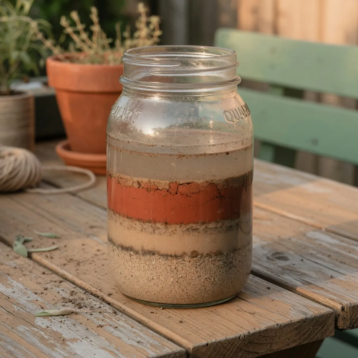 A clear glass jar displaying settled layers of sand, silt, and clay after a soil test.