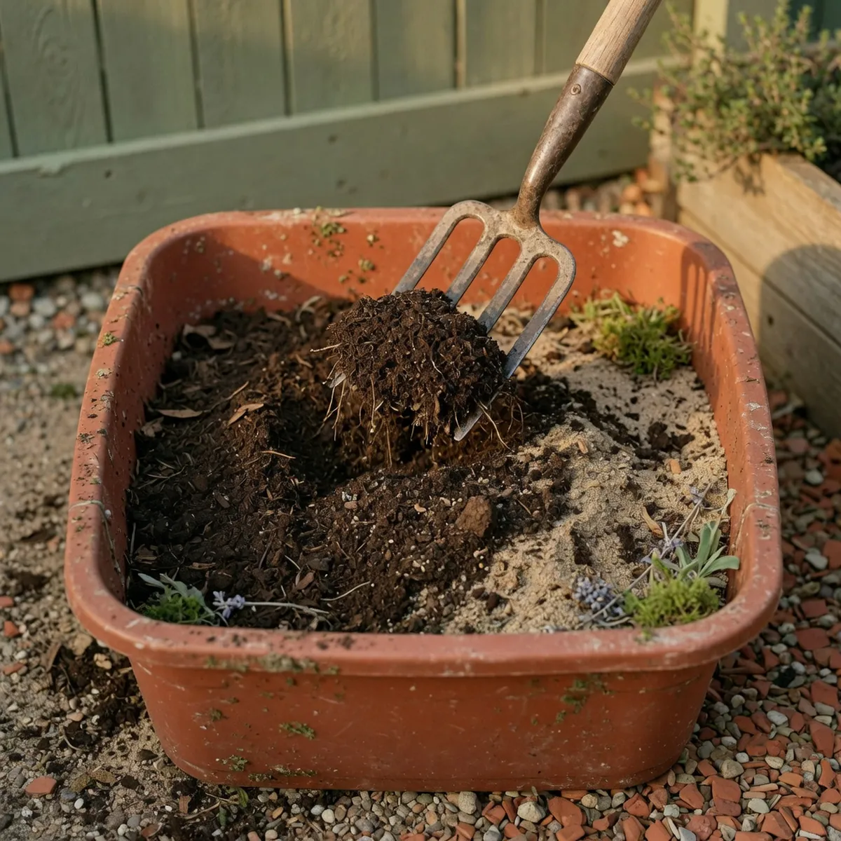 A garden fork turning over a mixture of dark compost and coarse sand in a large container.