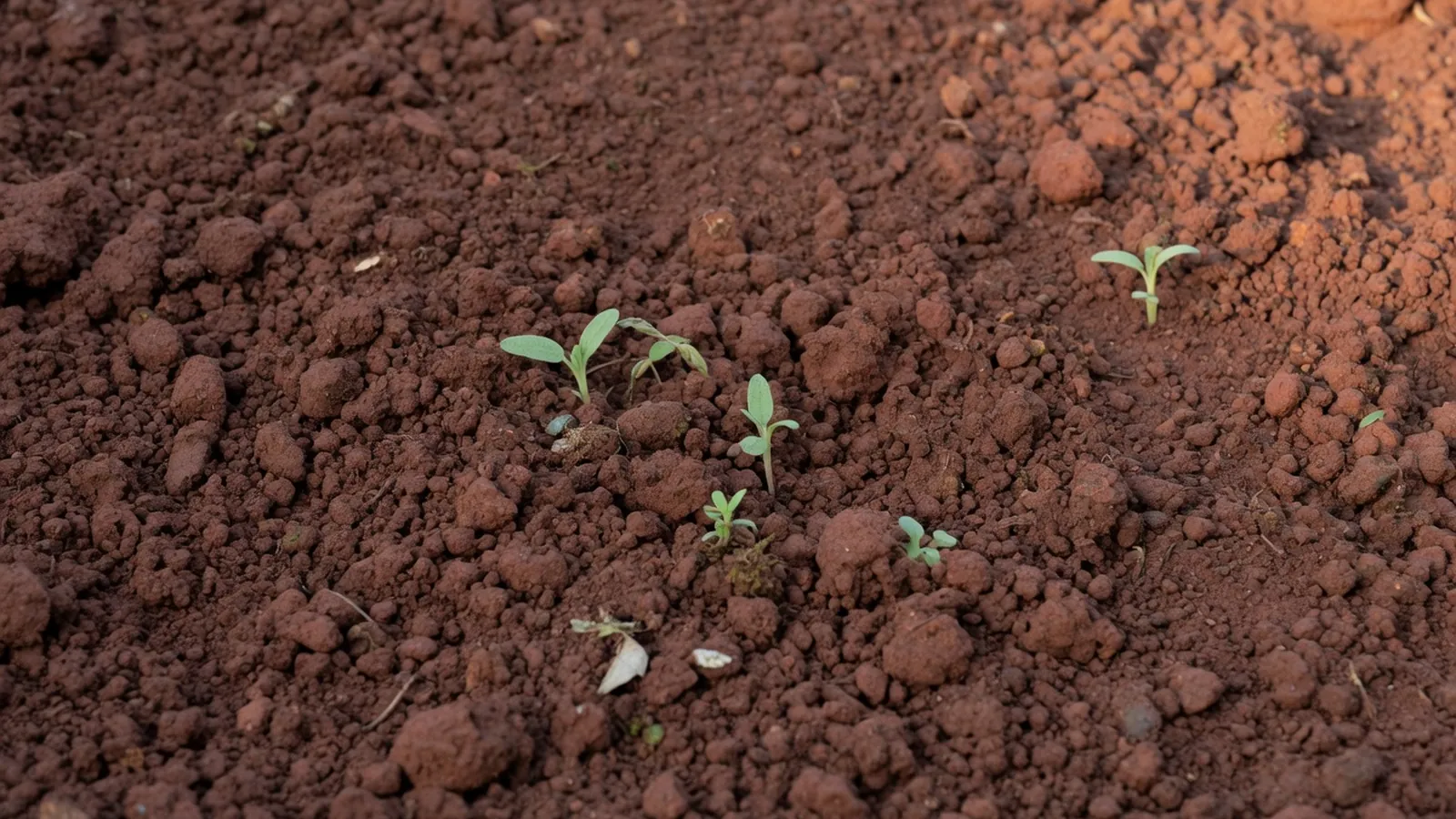 Dark reddish-brown soil with a coarse, airy texture and small green seedlings emerging from the surface.