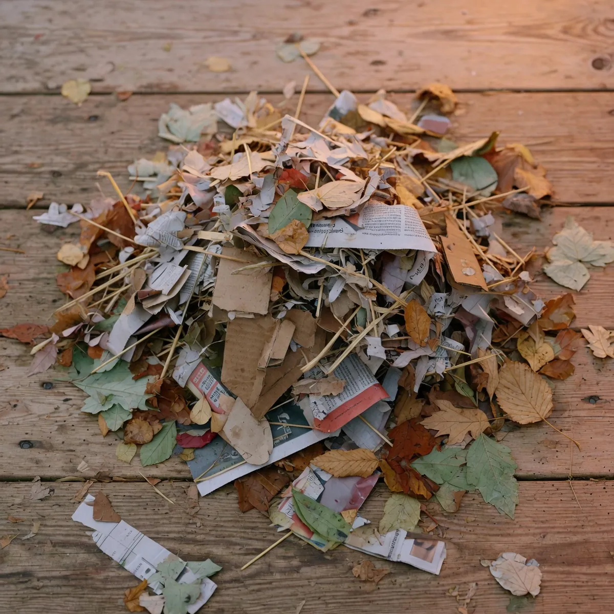 A mixture of shredded newspaper, cardboard, leaves, and straw prepared as damp bedding for a worm bin.