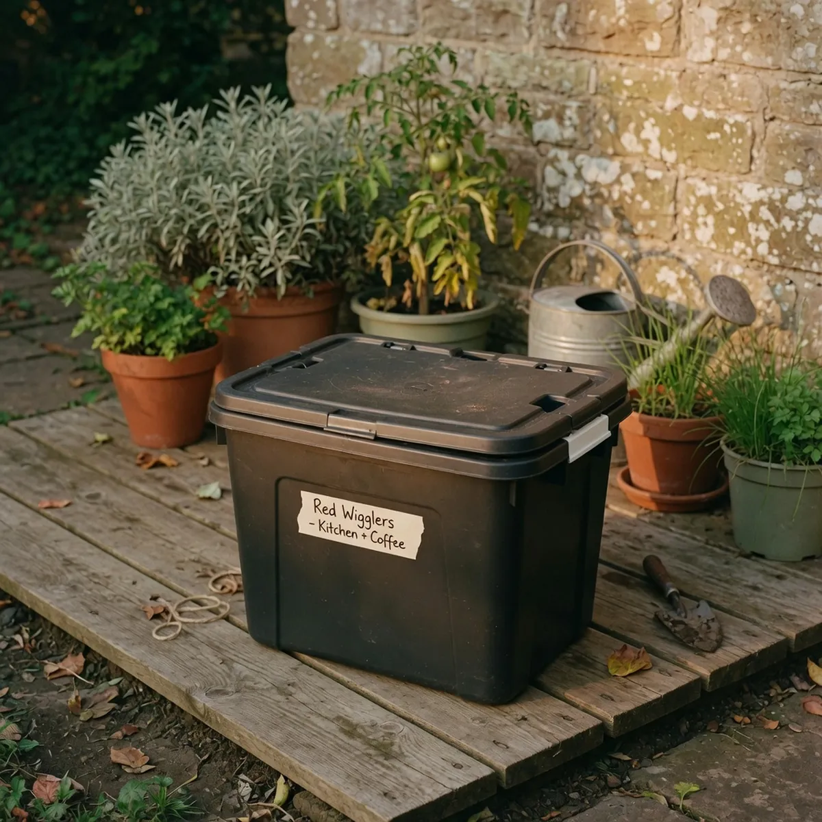 A dark worm composting bin placed on wooden supports in a cool, shaded outdoor corner.