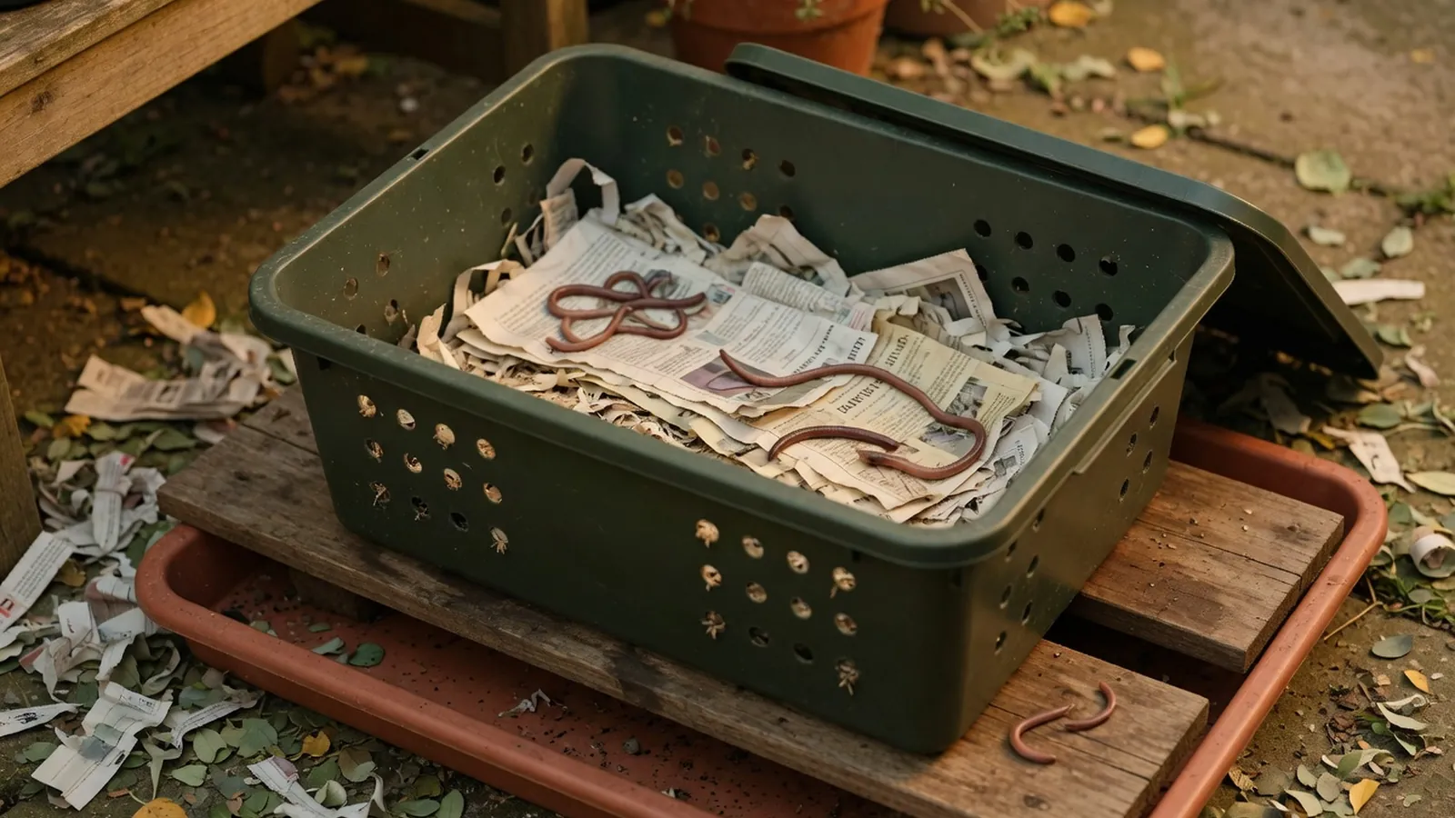 A prepared worm composting bin with ventilation holes resting on wooden supports over a drainage tray.