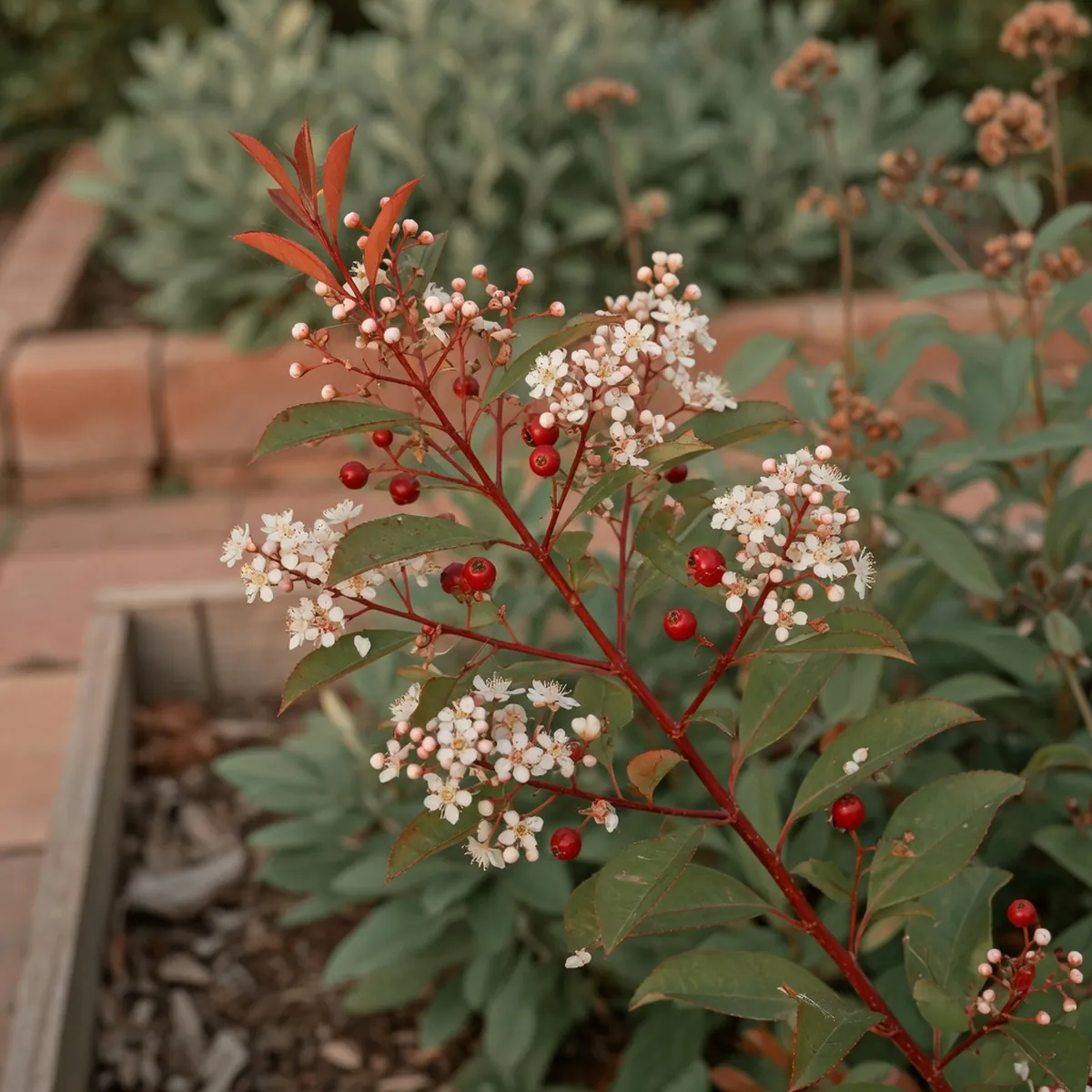 Clusters of small white flowers and developing red berries on a glossy red tip photinia branch.