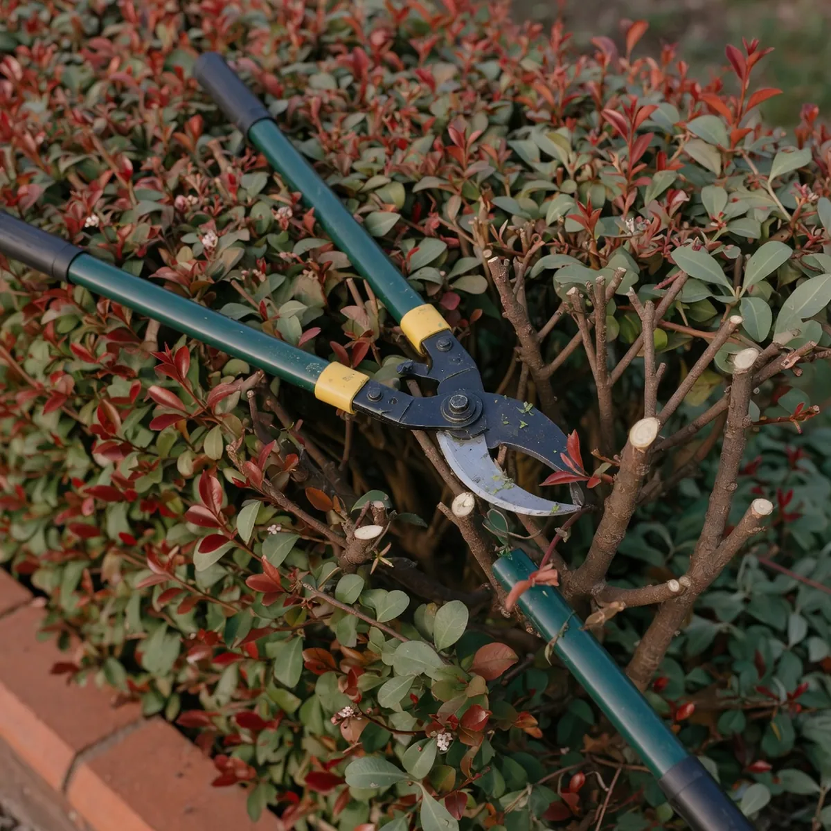 Long-handled garden loppers resting beside a neatly pruned red tip photinia hedge with individual branches trimmed.