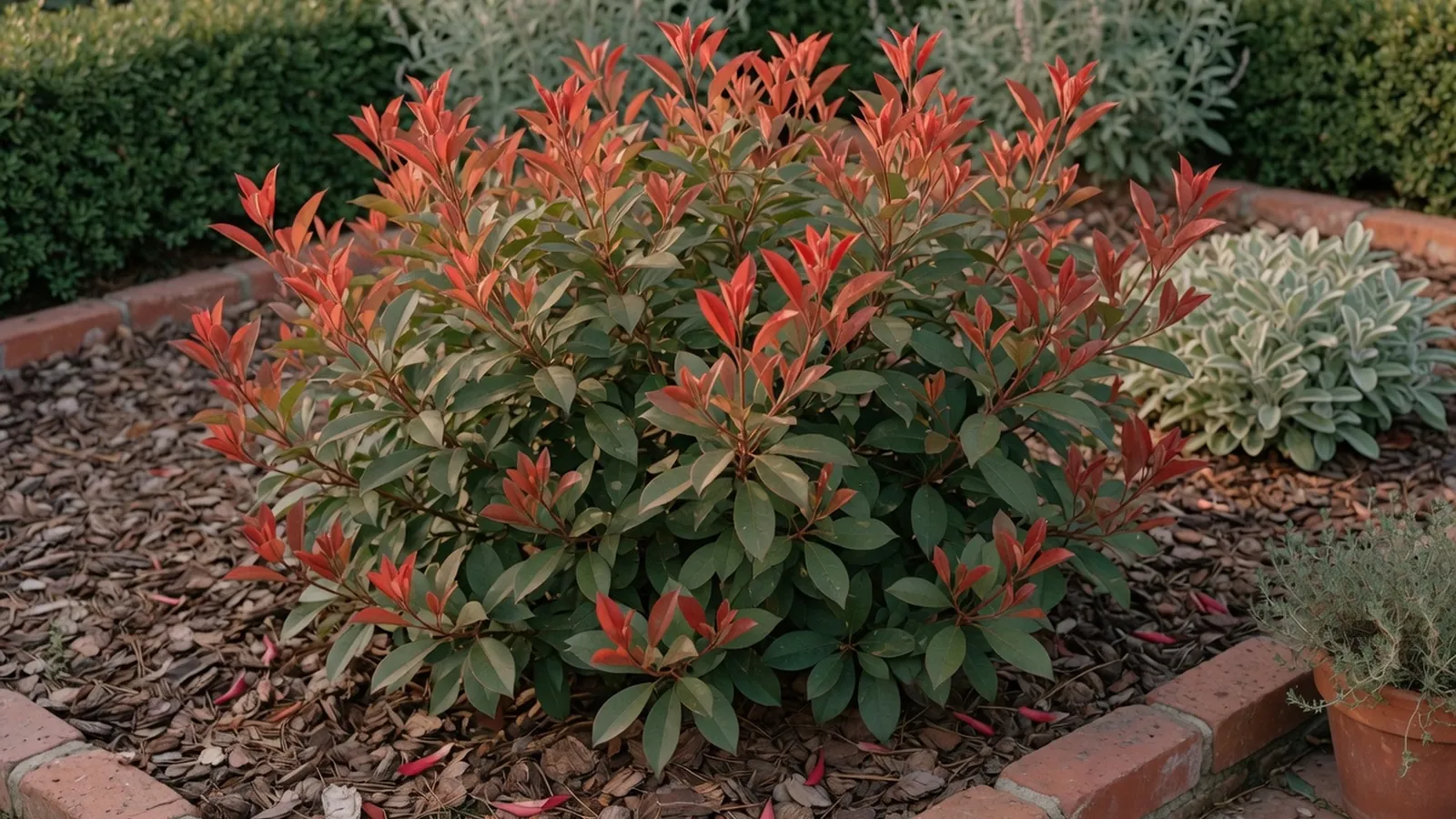 A mature red tip photinia shrub displaying vibrant red new growth against mature green leaves in a garden setting.