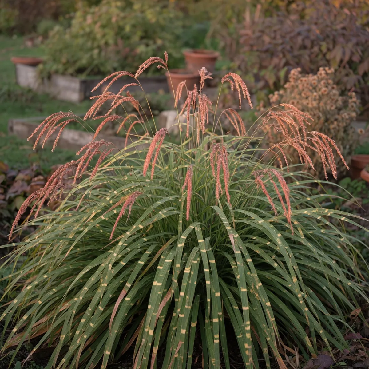 A mature clump of zebra grass showing arched copper flower spikelets rising above yellow-banded green leaves.