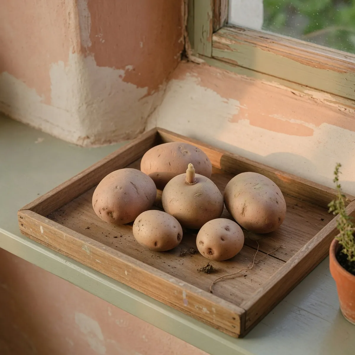 Several unblemished seed potatoes resting on a wooden tray in a bright, airy room.