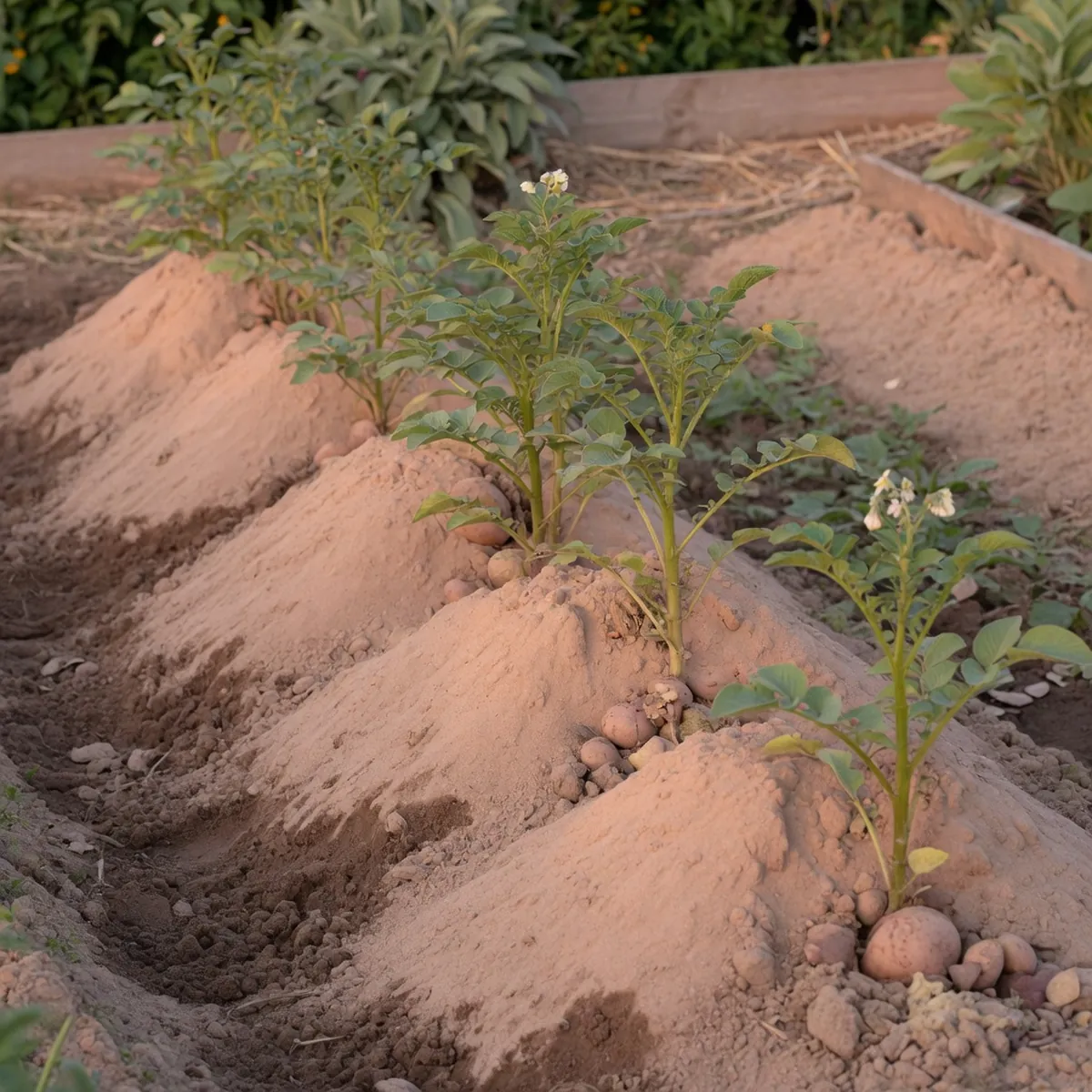 Young potato plants with mounded soil built up around their stems in a garden row.