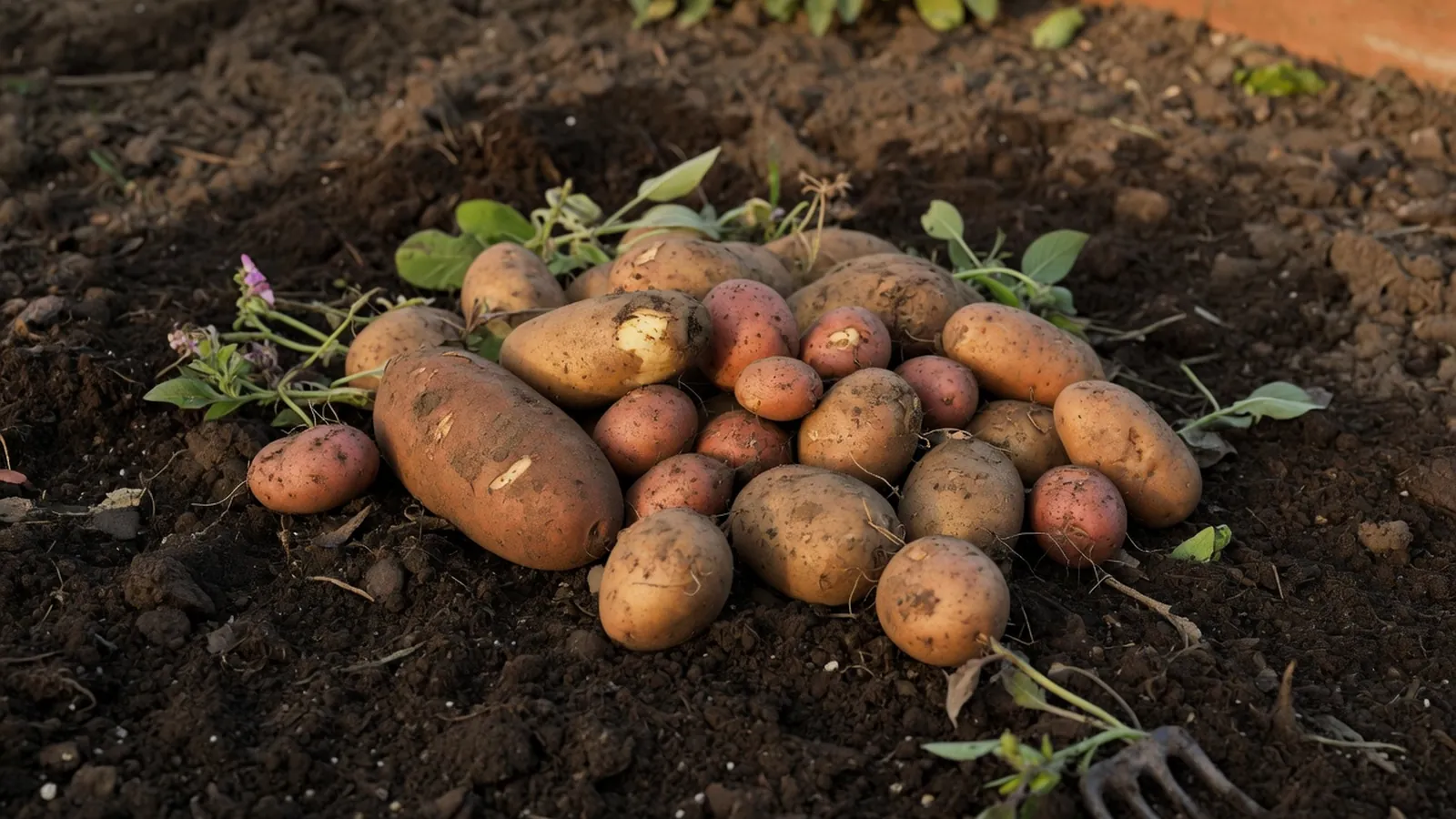 A cluster of freshly harvested potatoes resting on dark, rich garden soil.