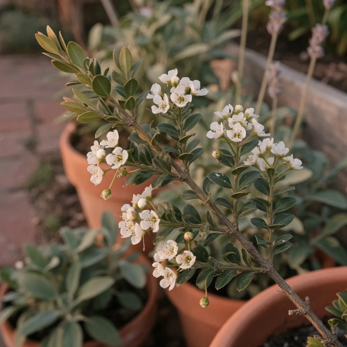 A Japanese boxwood branch showing small oval leaves and white spring blossoms.