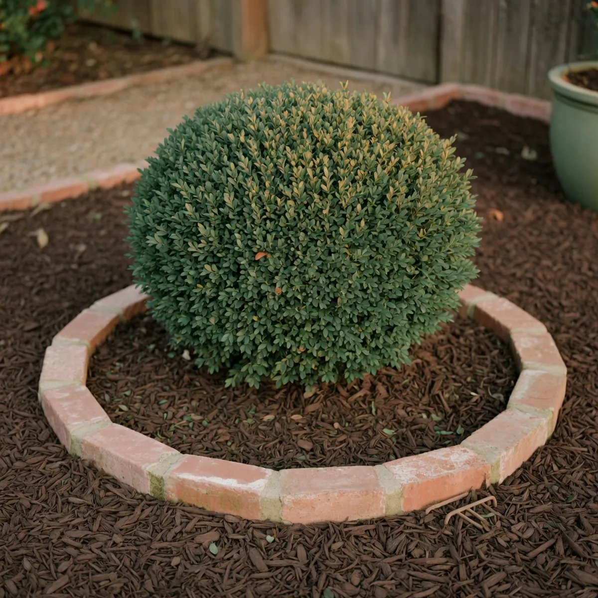 A rounded topiary Japanese boxwood shrub planted in mulched garden soil.