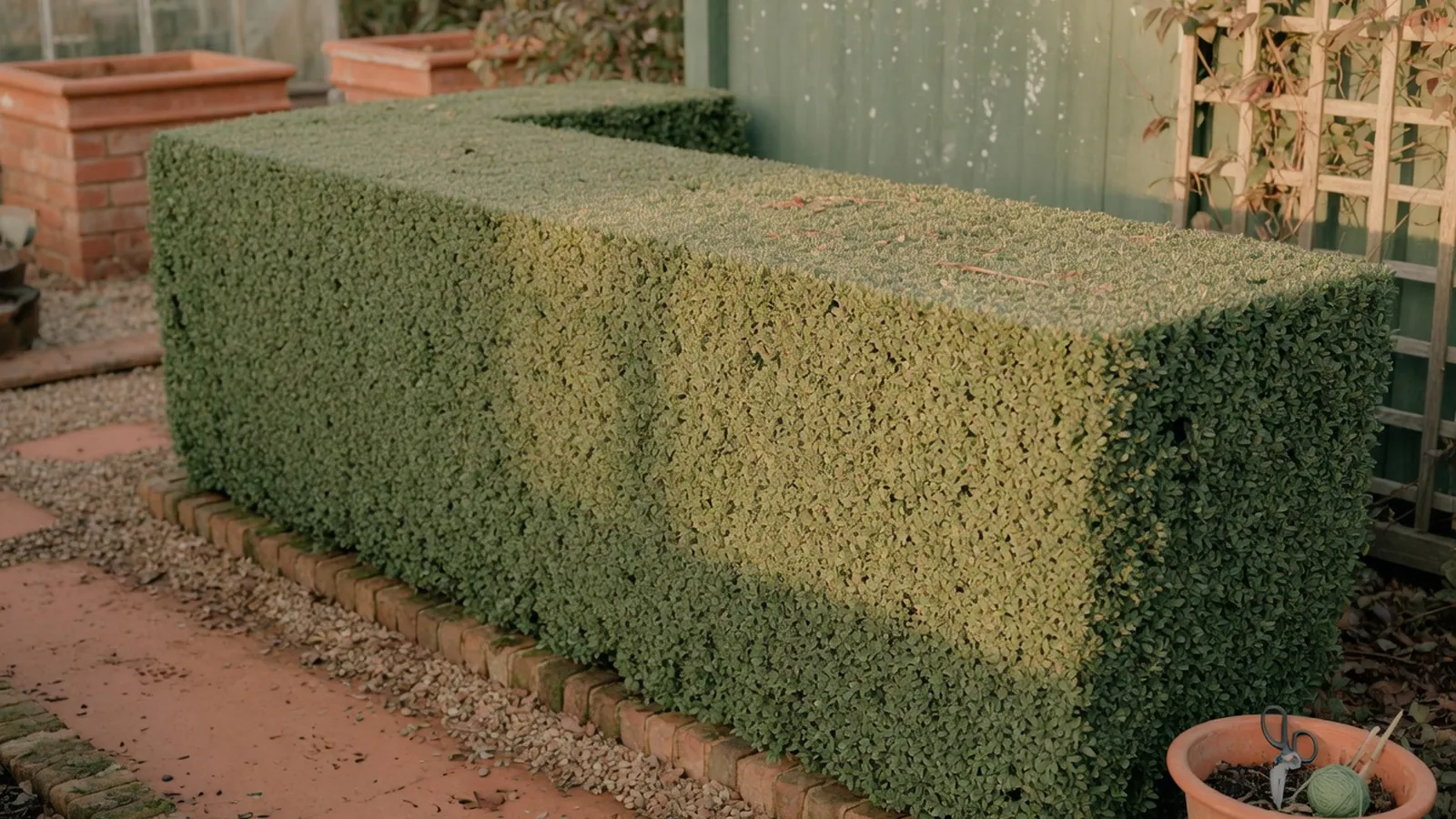 A neatly trimmed Japanese boxwood hedge displaying dense green foliage in a garden setting.