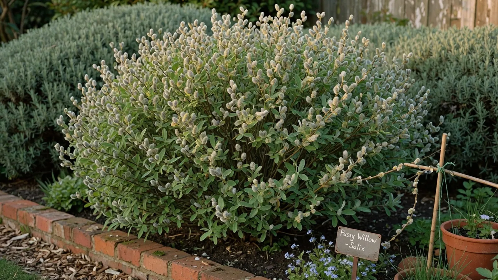 A full pussy willow shrub with lush green leaves growing in a well-maintained garden border.