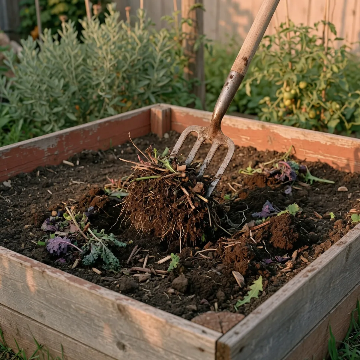 Dark, rich soil being turned over with a garden fork in a prepared garden bed.