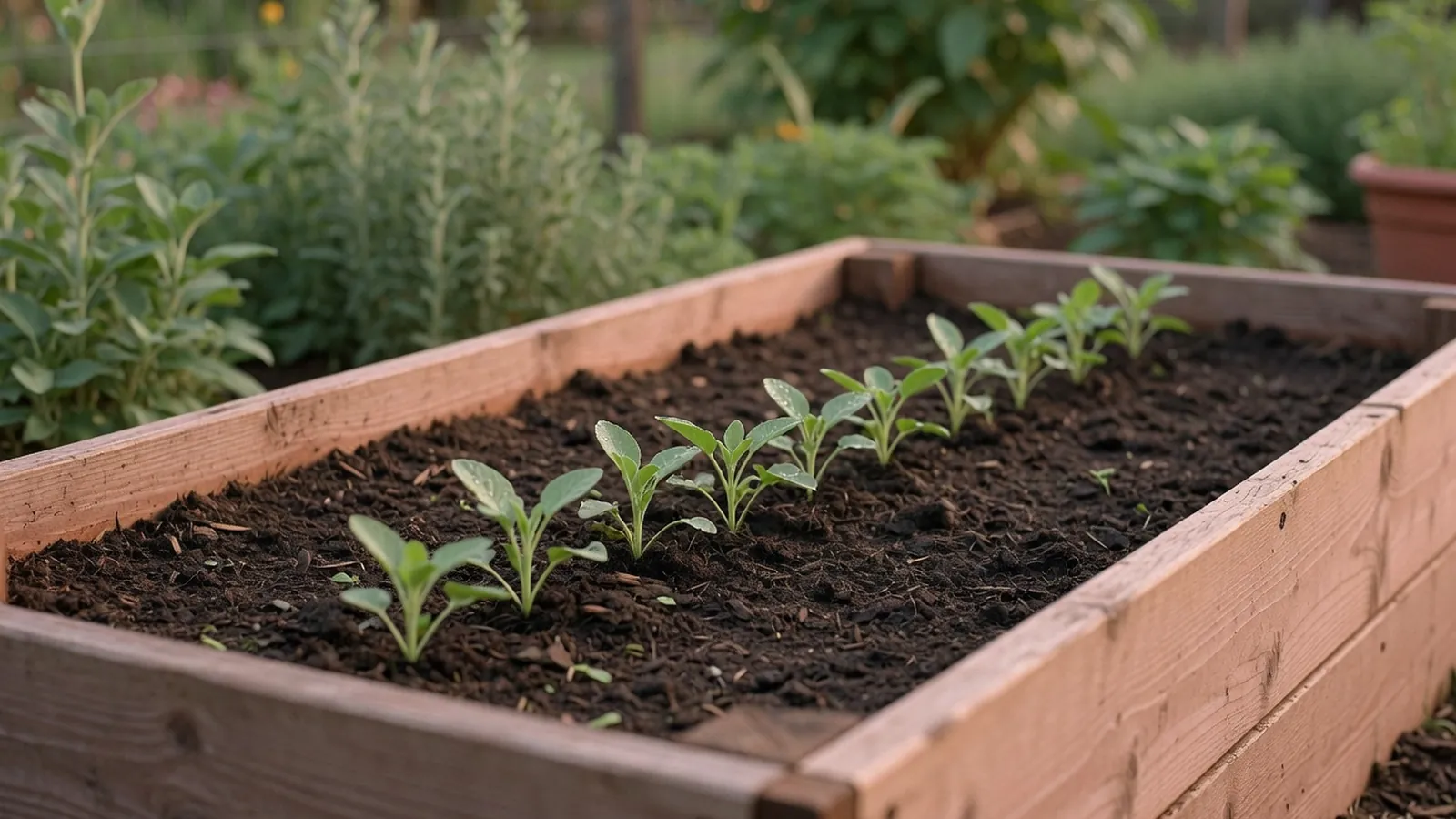 Young vegetable seedlings growing in neat rows within a raised wooden garden bed.