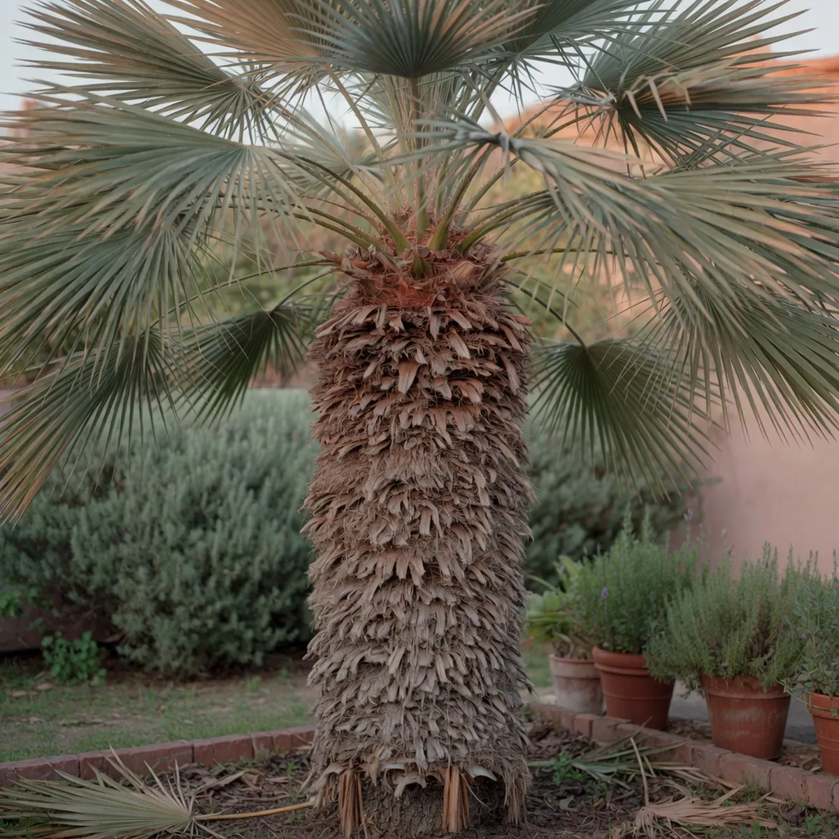 A mature windmill palm tree displaying its fibrous trunk and broad fan-shaped fronds.
