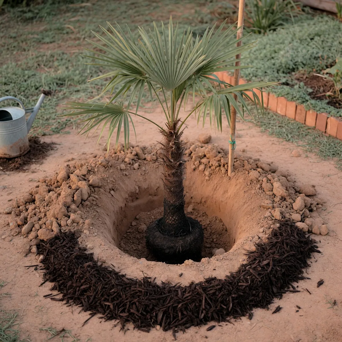 A newly planted windmill palm tree settled into prepared garden soil with mulch.