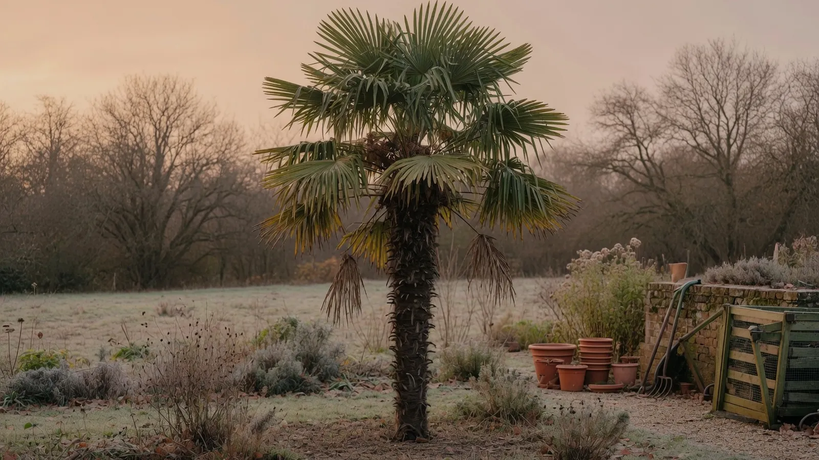 A solitary windmill palm tree standing resiliently in a dormant winter garden.