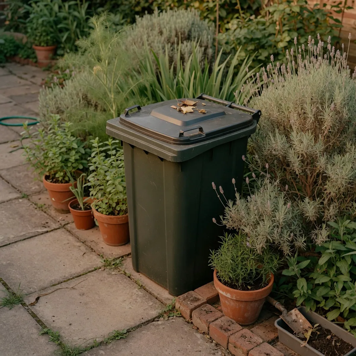 A dark plastic outdoor bin with a secure lid sitting on a patio.