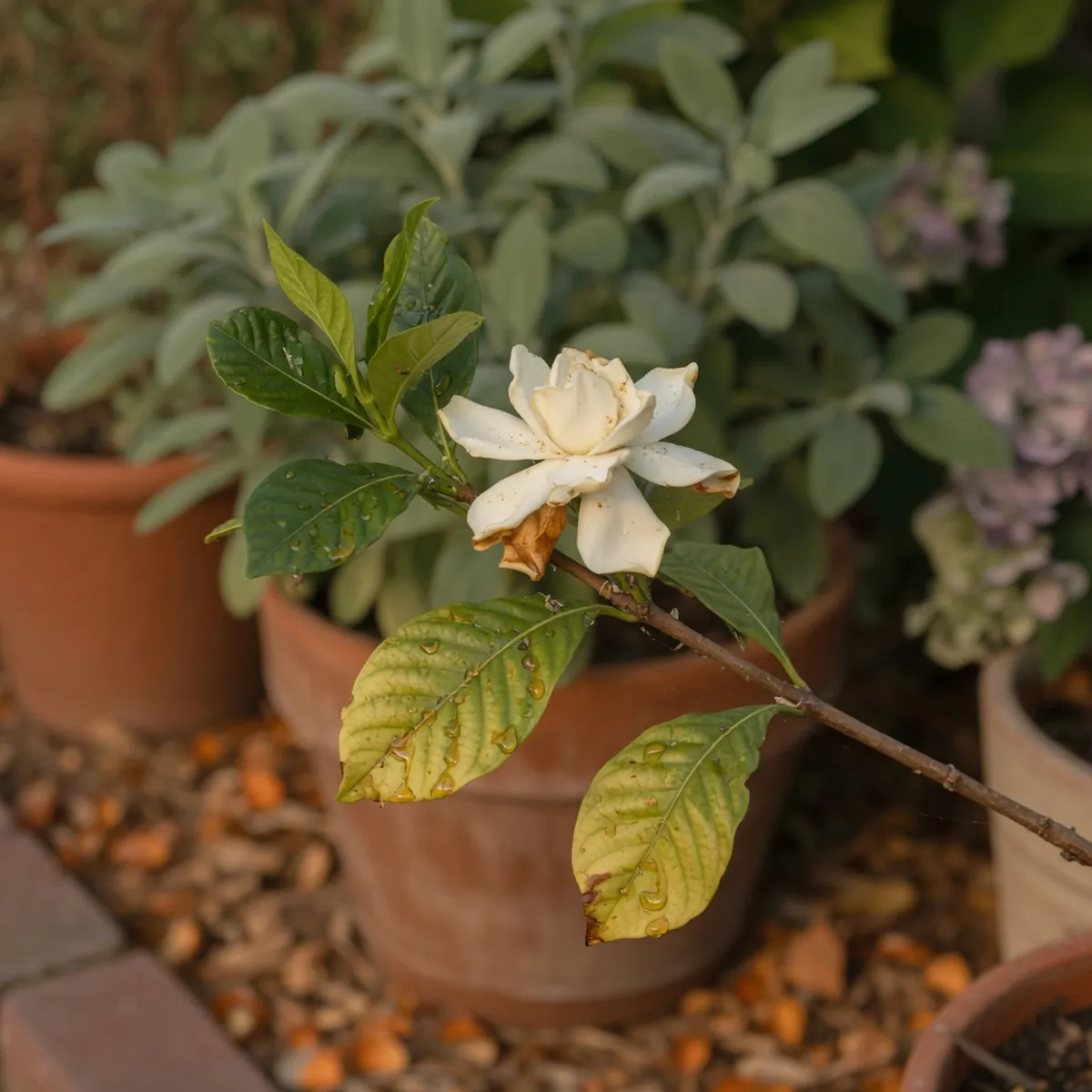 A gardenia branch showing sticky residue and yellowing leaf edges indicating pest activity.