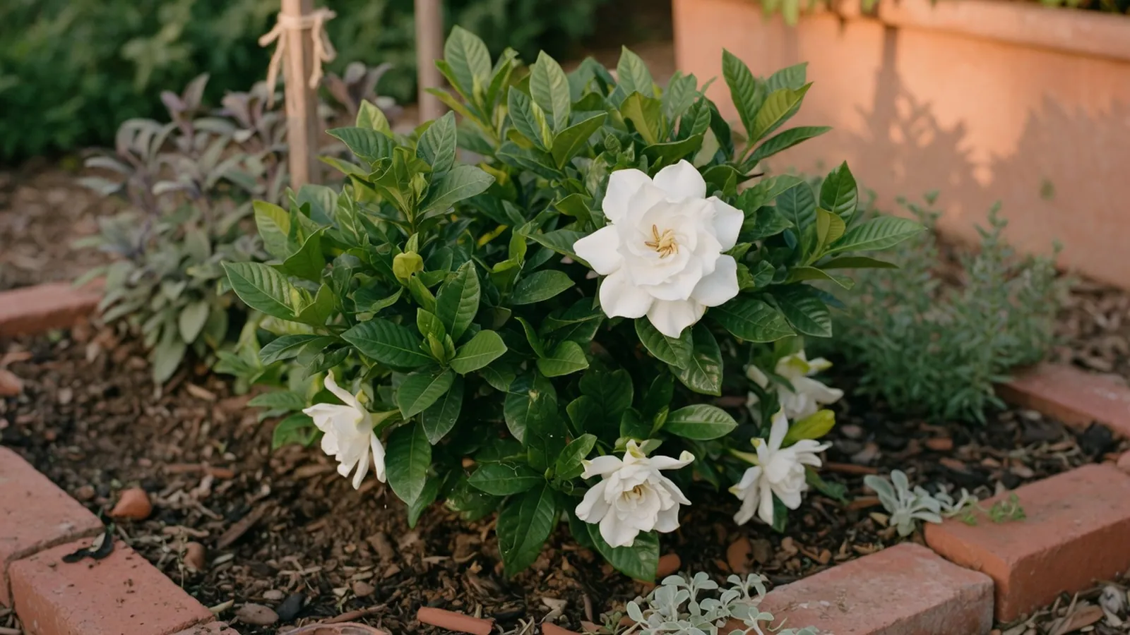 A healthy gardenia shrub with glossy green leaves and a large white blossom in a sunlit garden bed.