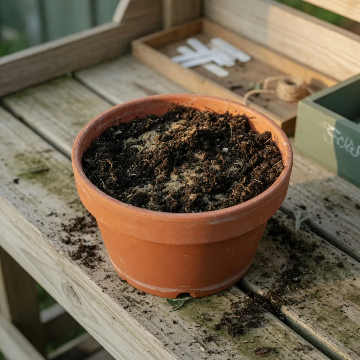 A terracotta pot filled with a dark, crumbly mixture of soil, sand, and peat moss ready for planting.