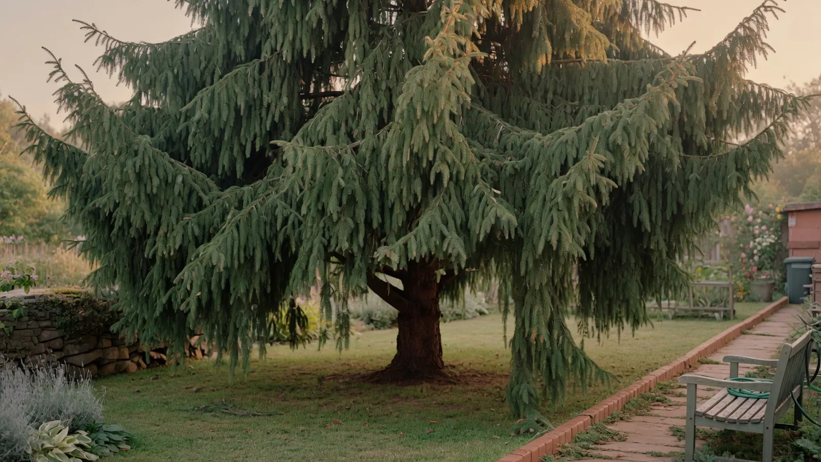 A mature weeping Norway spruce displaying its characteristic cascading branches in a garden setting.