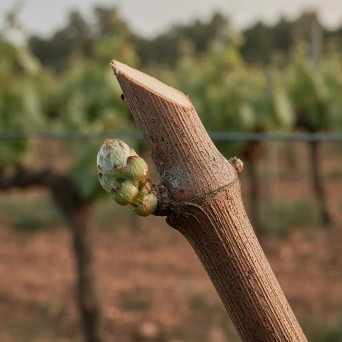 A woody grape cane showing a clean cut made just above a single green bud