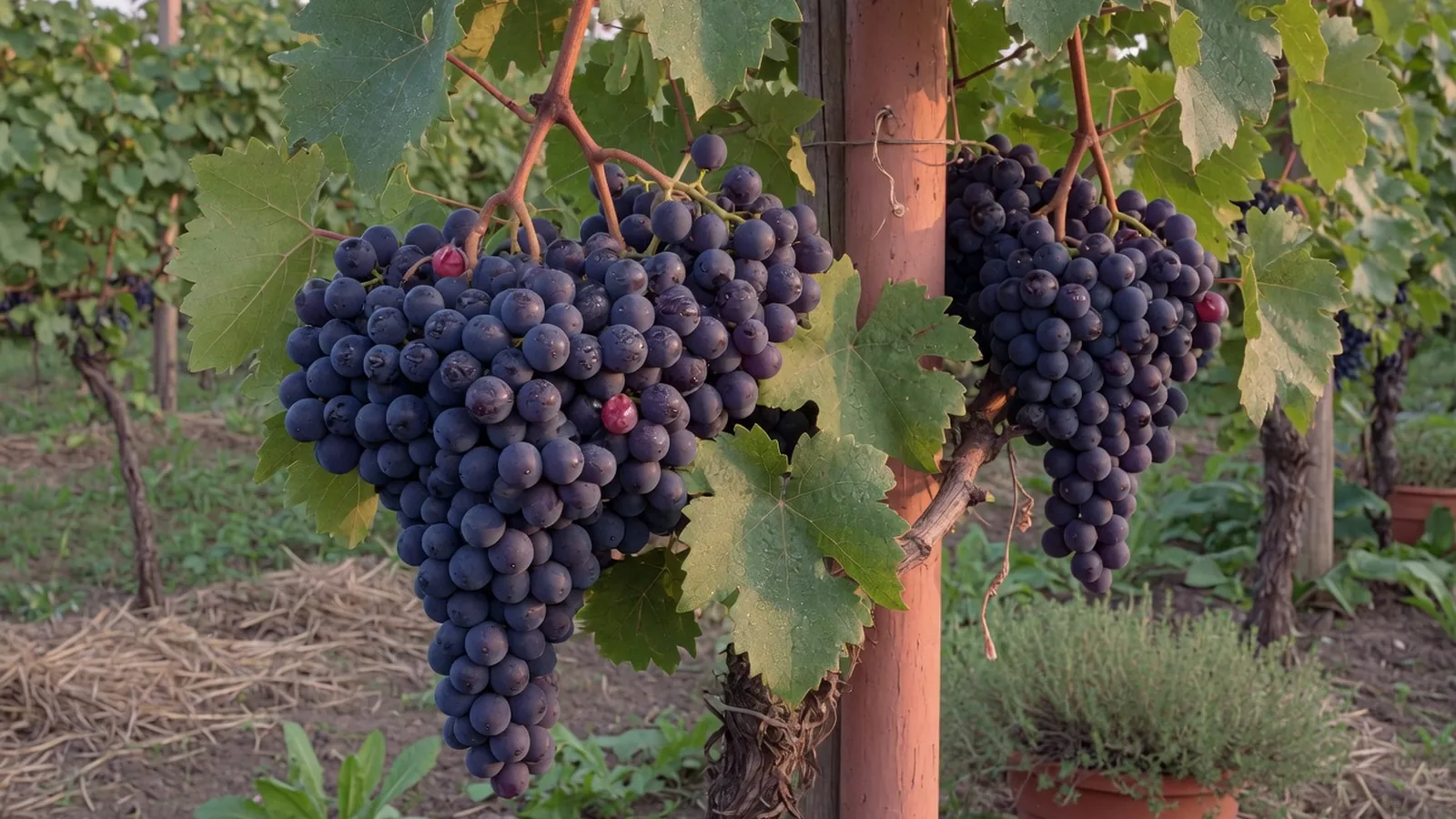 A cluster of ripe deep-purple Concord grapes hanging from a leafy vine in a garden setting