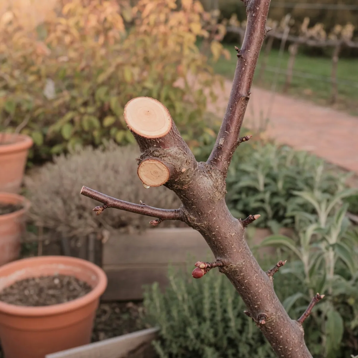 A close-up of a smooth pruning cut on a healthy plum branch showing the intact branch collar.