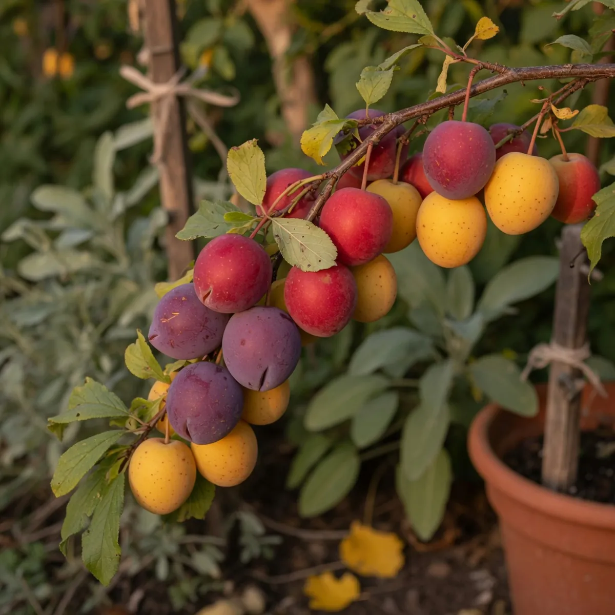 A cluster of ripe Japanese plums in varying shades of yellow, crimson, and dark purple hanging from a branch.