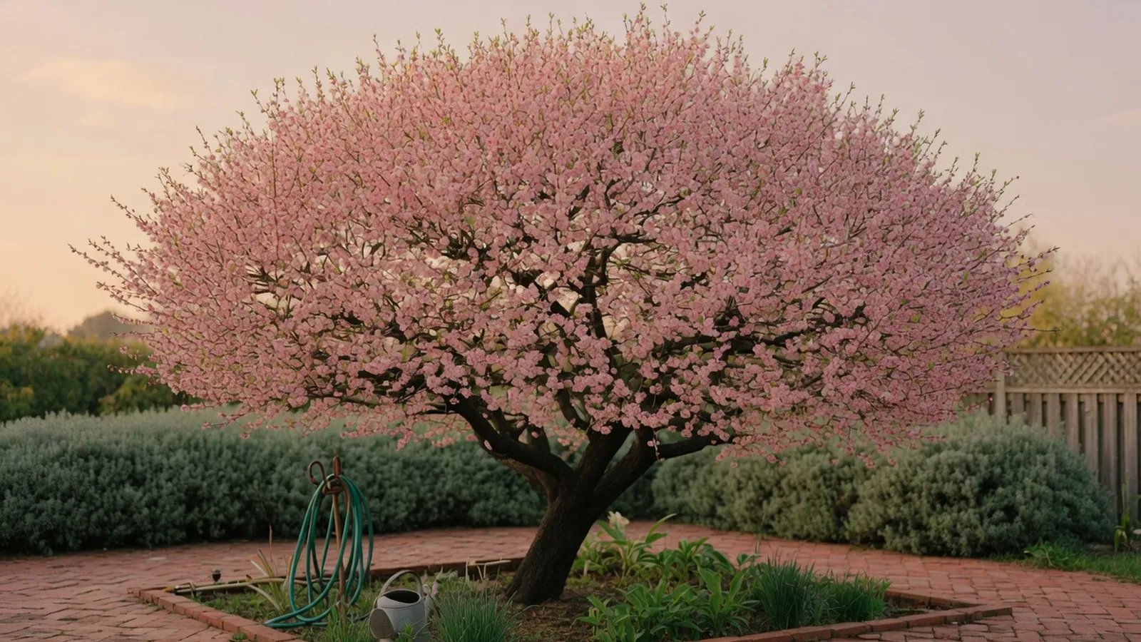 A Japanese plum tree in full bloom with delicate pink flowers and lush green foliage.