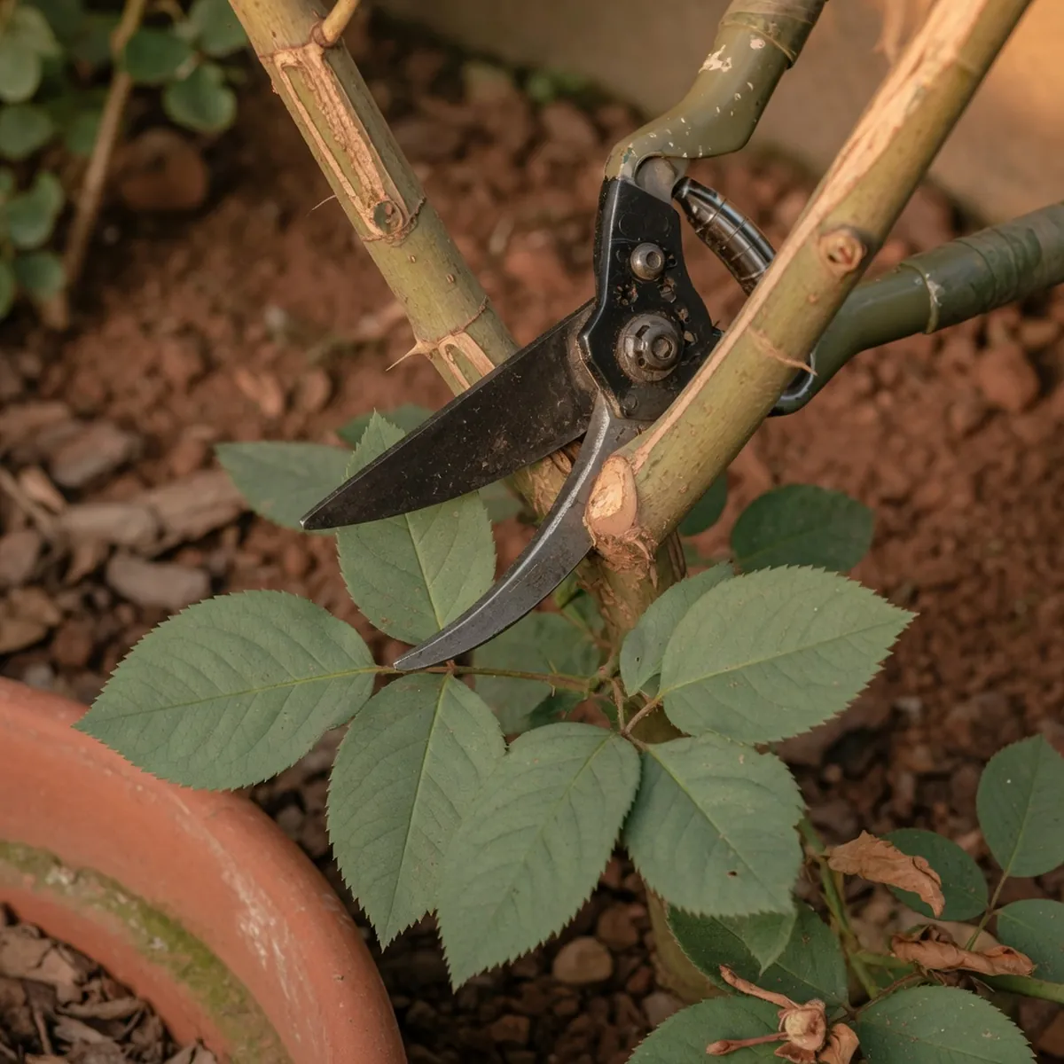 Pruning shears cutting a woody rose cane near green leaves.