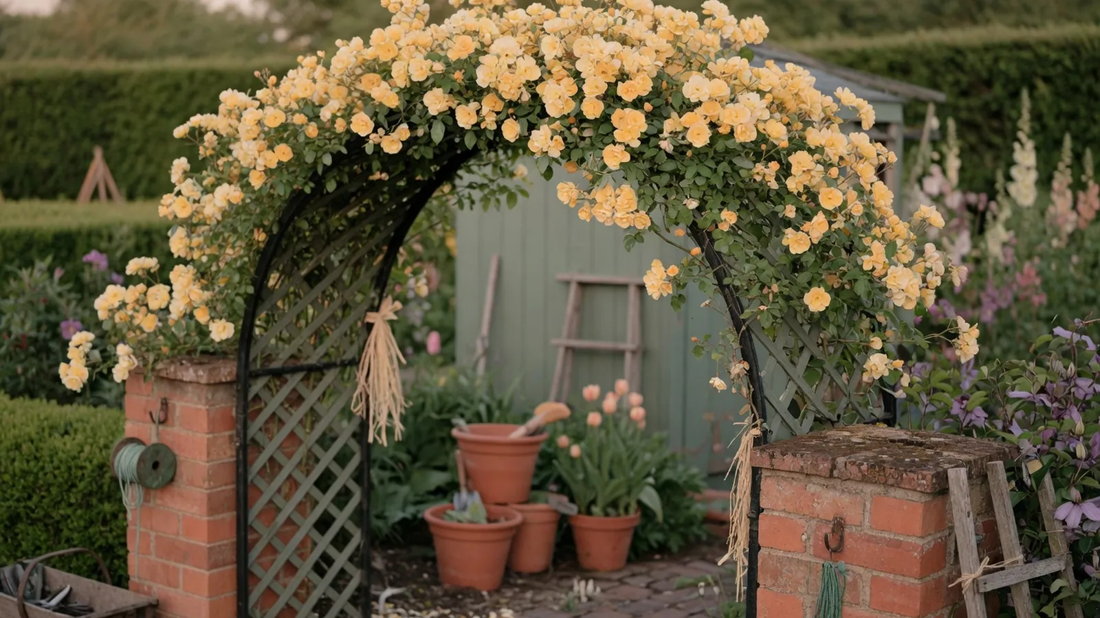 A climbing rose bush covered in dense clusters of small yellow flowers.